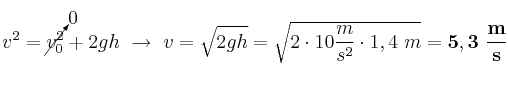 v^2 = \cancelto{0}{v_0^2} + 2gh\ \to\ v = \sqrt{2gh} = \sqrt{2\cdot 10\frac{m}{s^2}\cdot 1,4\ m} = \bf 5,3\ \frac{m}{s}