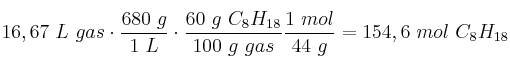 16,67\ L\ gas\cdot \frac{680\ g}{1\ L}\cdot \frac{60\ g\ C_8H_{18}}{100\ g\ gas}\frac {1\ mol}{44\ g} = 154,6\ mol\ C_8H_{18}
