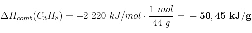 \Delta H_{comb}(C_3H_8) = - 2\ 220\ kJ/mol\cdot \frac{1\ mol}{44\ g} = \bf -50,45\ kJ/g