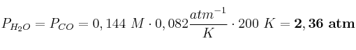 P_{H_2O} = P_{CO} = 0,144\ M\cdot 0,082\frac{atm\M^{-1}}{K}\cdot 200\ K = \bf 2,36\ atm