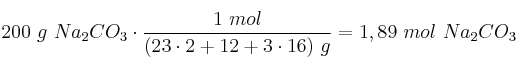200\ g\ Na_2CO_3\cdot \frac{1\ mol}{(23\cdot 2 + 12 + 3\cdot 16)\ g} = 1,89\ mol\ Na_2CO_3