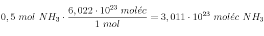 0,5\ mol\ NH_3\cdot \frac{6,022\cdot 10^{23}\ mol\acute{e}c}{1\ mol} = 3,011\cdot 10^{23}\ mol\acute{e}c\ NH_3