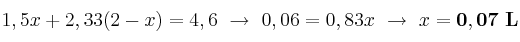 1,5x + 2,33(2 - x) = 4,6\ \to\ 0,06 = 0,83x\ \to\ x = \bf 0,07\ L