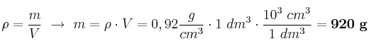 \rho = \frac{m}{V}\ \to\ m = \rho\cdot V = 0,92\frac{g}{cm^3}\cdot 1\ dm^3\cdot \frac{10^3\ cm^3}{1\ dm^3} = \bf 920\ g