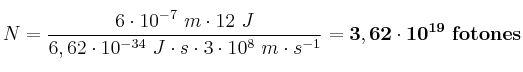 N = \frac{6\cdot 10^{-7}\ m\cdot 12\ J}{6,62\cdot 10^{-34}\ J\cdot s\cdot 3\cdot 10^8\ m\cdot s^{-1}} = \bf 3,62\cdot 10^{19}\ fotones