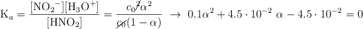 \ce{K_a} = \frac{[\ce{NO2-}][\ce{H3O+}]}{[\ce{HNO2}]} = \frac{c_0\cancel{^2}\alpha^2}{\cancel{c_0}(1 - \alpha)}\ \to\ 0.1\alpha^2 + 4.5\cdot 10^{-2}\ \alpha - 4.5\cdot 10^{-2} = 0