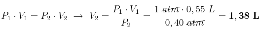P_1\cdot V_1 = P_2\cdot V_2\ \to\ V_2 = \frac{P_1\cdot V_1}{P_2} = \frac{1\ \cancel{atm}\cdot 0,55\ L}{0,40\ \cancel{atm}} = \bf 1,38\ L