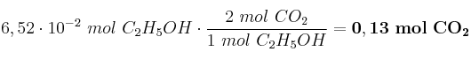 6,52\cdot 10^{-2}\ mol\ C_2H_5OH\cdot \frac{2\ mol\ CO_2}{1\ mol\ C_2H_5OH} = \bf 0,13\ mol\ CO_2