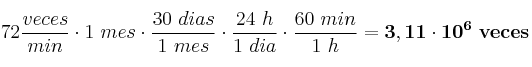 72\frac{veces}{min}\cdot 1\ mes\cdot \frac{30\ dias}{1\ mes}\cdot \frac{24\ h}{1\ dia}\cdot \frac{60\ min}{1\ h} = \bf 3,11\cdot 10^6\ veces