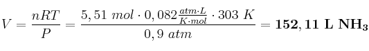 V = \frac{nRT}{P} = \frac{5,51\ mol\cdot 0,082\frac{atm\cdot L}{K\cdot mol}\cdot 303\ K}{0,9\ atm} = \bf 152,11\ L\ NH_3