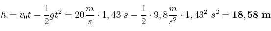 h = v_0t - \frac{1}{2}gt^2 = 20\frac{m}{s}\cdot 1,43\ s - \frac{1}{2}\cdot 9,8\frac{m}{s^2}\cdot 1,43^2\ s^2 = \bf 18,58\ m
