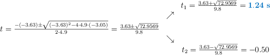 \begin{array}{ccc} & & t_1 = \frac{3.63+\sqrt{72.9569}}{9.8}=\color[RGB]{0,112,192}{\bf 1.24\ s}\\ & \nearrow &\\ t=\frac{-(-3.63)\pm \sqrt{(-3.63)^2-4 \cdot4.9\cdot(-3.05)}}{2 \cdot4.9}=
\frac{3.63\pm \sqrt{72.9569}}{9.8}& &\\ & \searrow &\\& &t_2 = \frac{3.63-\sqrt{72.9569}}{9.8}=-0.50\end{array}