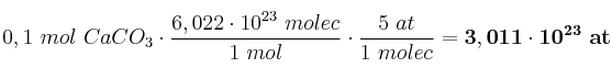 0,1\ mol\ CaCO_3\cdot \frac{6,022\cdot 10^{23}\ molec}{1\ mol}\cdot \frac{5\ at}{1\ molec} = \bf 3,011\cdot 10^{23}\ at