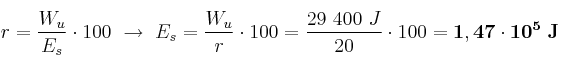 r = \frac{W_u}{E_s}\cdot 100\ \to\ E_s = \frac{W_u}{r}\cdot 100 = \frac{29\ 400\ J}{20}\cdot 100 = \bf 1,47\cdot 10^5\ J