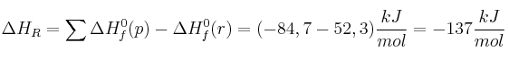 \Delta H_R = \sum {\Delta H_f^0(p) - \Delta H_f^0(r)} = (-84,7 - 52,3)\frac{kJ}{mol} = - 137\frac{kJ}{mol}