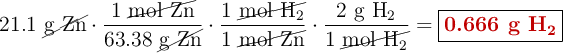 21.1\ \cancel{\text{g Zn}}\cdot \frac{1\ \cancel{\text{mol Zn}}}{63.38\ \cancel{\text{g Zn}}}\cdot \frac{1\ \cancel{\ce{mol\ H2}}}{1\ \cancel{\text{mol Zn}}}\cdot \frac{2\ \ce{g\ H2}}{1\ \cancel{\ce{mol\ H2}}} = \fbox{\color[RGB]{192,0,0}{\textbf{0.666 g \ce{H2}}}}