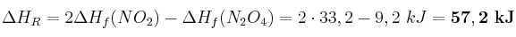 \Delta H_R = 2\Delta H_f(NO_2) - \Delta H_f(N_2O_4) = 2\cdot 33,2 - 9,2\ kJ = \bf 57,2\ kJ