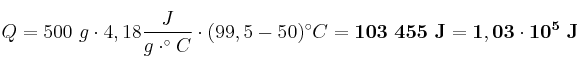 Q = 500\ g\cdot 4,18\frac{J}{g\cdot ^\circ C}\cdot (99,5 - 50)^\circ C = \bf 103\ 455\ J = 1,03\cdot 10^5\ J