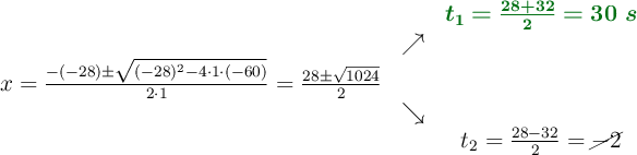 \begin{array}{ccc} & & \color[RGB]{2,112,20}{\bm{t_1 = \frac{28+32}{2}=30\ s}}\\ & \nearrow &\\ x=\frac{-(-28)\pm \sqrt{(-28)^2-4 \cdot1\cdot(-60)}}{2 \cdot1}=\frac{28\pm \sqrt{1024}}{2}& &\\ & \searrow &\\& &t_2= \frac{28-32}{2}= \cancel{-2}\end{array}