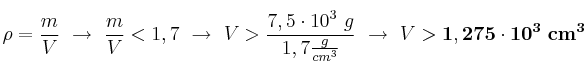 \rho = \frac{m}{V}\ \to\ \frac{m}{V} < 1,7\ \to\ V > \frac{7,5\cdot 10^3\ g}{1,7\frac{g}{cm^3}}\ \to\ V > \bf{1,275\cdot 10^3\ cm^3}