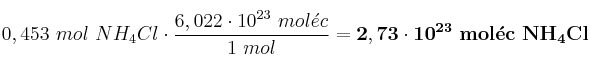 0,453\ mol\ NH_4Cl\cdot \frac{6,022\cdot 10^{23}\ mol\acute{e}c}{1\ mol} = \bf 2,73\cdot 10^{23}\ mol\acute{e}c\ NH_4Cl