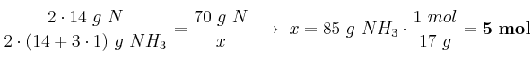 \frac{2\cdot 14\ g\ N}{2\cdot (14 + 3\cdot 1)\ g\ NH_3} = \frac{70\ g\ N}{x}\ \to\ x = 85\ g\ NH_3\cdot \frac{1\ mol}{17\ g} = \bf 5\ mol