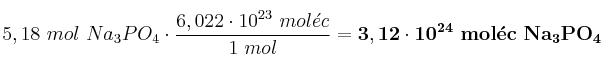 5,18\ mol\ Na_3PO_4\cdot \frac{6,022\cdot 10^{23}\ mol\acute{e}c}{1\ mol} = \bf 3,12\cdot 10^{24}\ mol\acute{e}c\ Na_3PO_4