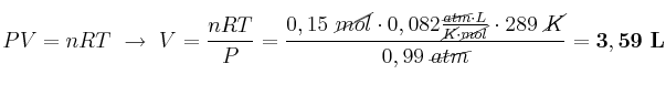 PV = nRT\ \to\ V = \frac{nRT}{P} = \frac{0,15\ \cancel{mol}\cdot 0,082\frac{\cancel{atm}\cdot L}{\cancel{K}\cdot \cancel{mol}}\cdot 289\ \cancel{K}}{0,99\ \cancel{atm}} = \bf 3,59\ L