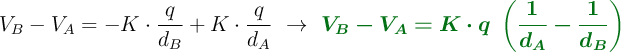 V_B - V_A = -K\cdot \frac{q}{d_B} + K\cdot \frac{q}{d_A}\ \to\ \color[RGB]{2,112,20}{\bm{V_B - V_A = K\cdot q\ \left(\frac{1}{d_A} - \frac{1}{d_B}\right)}}