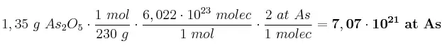 1,35\ g\ As_2O_5\cdot \frac{1\ mol}{230\ g}\cdot \frac{6,022\cdot 10^{23}\ molec}{1\ mol}\cdot \frac{2\ at\ As}{1\ molec} = \bf 7,07\cdot 10^{21}\ at\ As