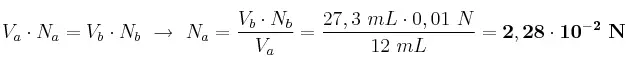 V_a\cdot N_a = V_b\cdot N_b\ \to\ N_a = \frac{V_b\cdot N_b}{V_a} = \frac{27,3\ mL\cdot 0,01\ N}{12\ mL} = \bf 2,28\cdot 10^{-2}\ N