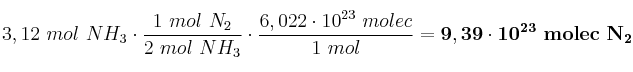3,12\ mol\ NH_3\cdot \frac{1\ mol\ N_2}{2\ mol\ NH_3}\cdot \frac{6,022\cdot 10^{23}\ molec}{1\ mol} = \bf 9,39\cdot 10^{23}\ molec\ N_2