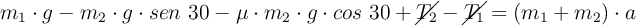 m_1\cdot  g - m_2\cdot g\cdot sen\ 30 - \mu\cdot m_2\cdot g\cdot cos\ 30 + \cancel{T_2} - \cancel{T_1}= (m_1 + m_2)\cdot a