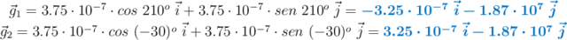 \left \vec g_1 = 3.75\cdot 10^{-7}\cdot cos\ 210^o\ \vec i + 3.75\cdot 10^{-7}\cdot sen\ 210^o\ \vec j = {\color[RGB]{0,112,192}{\bm{-3.25\cdot 10^{-7}\ \vec i - 1.87\cdot 10^{7}\ \vec j}}} \atop \vec g_2 = 3.75\cdot 10^{-7}\cdot cos\ (-30)^o\ \vec i + 3.75\cdot 10^{-7}\cdot sen\ (-30)^o\ \vec j = {\color[RGB]{0,112,192}{\bm{3.25\cdot 10^{-7}\ \vec i - 1.87\cdot 10^{7}\ \vec j}}} \right