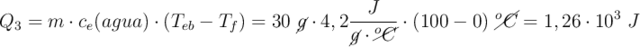 Q_3 = m\cdot c_e(agua)\cdot (T_{eb} - T_f) = 30\ \cancel{g}\cdot 4,2\frac{J}{\cancel{g}\cdot \cancel{^oC}}\cdot (100 - 0)\ \cancel{^oC} = 1,26\cdot 10^3\ J