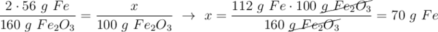 \frac{2\cdot 56\ g\ Fe}{160\ g\ Fe_2O_3} = \frac{x}{100\ g\ Fe_2O_3}\ \to\ x = \frac{112\ g\ Fe\cdot 100\ \cancel{g\ Fe_2O_3}}{160\ \cancel{g\ Fe_2O_3}} = 70\ g\ Fe