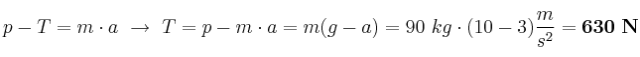 p - T = m\cdot a\ \to\ T = p -m\cdot a = m(g - a) = 90\ kg\cdot (10 - 3)\frac{m}{s^2} = \bf 630\ N