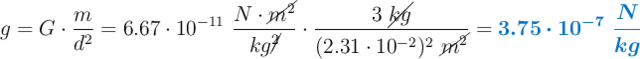 g = G\cdot \frac{m}{d^2}= 6.67\cdot 10^{-11}\ \frac{N\cdot \cancel{m^2}}{kg\cancel{^2}}\cdot \frac{3\ \cancel{kg}}{(2.31\cdot 10^{-2})^2\ \cancel{m^2}} = \color[RGB]{0,112,192}{\bm{3.75\cdot 10^{-7}\ \frac{N}{kg}}}