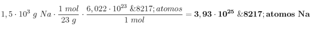 1,5\cdot 10^3\ g\ Na\cdot \frac{1\ mol}{23\ g}\cdot \frac{6,022\cdot 10^{23}\ \’atomos}{1\ mol} = \bf 3,93\cdot 10^{25}\ \’atomos\ Na