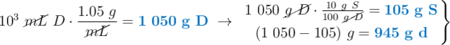 10^3\ \cancel{mL}\ D\cdot \frac{1.05\ g}{\cancel{mL}} = {\color[RGB]{0,112,192}{\bf 1\ 050\ g\ D}}\ \to\ \left 1\ 050\ \cancel{g\ D}\cdot \frac{10\ g\ S}{100\ \cancel{g\ D}} = {\color[RGB]{0,112,192}{\bf 105\ g\ S}} \atop (1\ 050 - 105)\ g = {\color[RGB]{0,112,192}{\bf 945\ g\ d}} \right \}