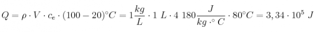 Q = \rho \cdot V\cdot c_e\cdot (100 - 20)^\circ C = 1\frac{kg}{L}\cdot 1\ L\cdot 4\ 180\frac{J}{kg\cdot ^\circ C}\cdot 80^\circ C = 3,34\cdot 10^5\ J