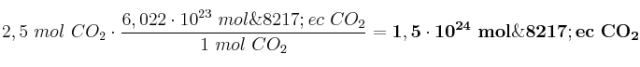 2,5\
 mol\ CO_2\cdot \frac{6,022\cdot 10^{23}\ mol\’ec\ CO_2}{1\ mol\ CO_2} = \bf 1,5\cdot 10^{24}\ mol\’ec\ CO_2