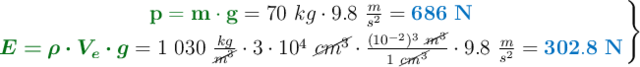 \left {\color[RGB]{2,112,20}{\bf p = m\cdot g}} = 70\ kg\cdot 9.8\ \frac{m}{s^2} = {\color[RGB]{0,112,192}{\bf 686\ N}} \atop {\color[RGB]{2,112,20}{\bm{E = \rho\cdot V_e\cdot g}}} = 1\ 030\ \frac{kg}{\cancel{m^3}}\cdot 3\cdot 10^4\ \cancel{cm^3}\cdot \frac{(10^{-2})^3\ \cancel{m^3}}{1\ \cancel{cm^3}}\cdot 9.8\ \frac{m}{s^2} = {\color[RGB]{0,112,192}{\bf 302.8\ N}} \right \}