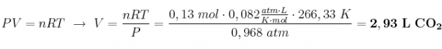 PV = nRT\ \to\ V = \frac{nRT}{P} = \frac{0,13\ mol\cdot 0,082\frac{atm\cdot L}{K\cdot mol}\cdot 266,33\ K}{0,968\ atm} = \bf 2,93\ L\ CO_2