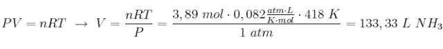 PV = nRT\ \to\ V = \frac{nRT}{P} = \frac{3,89\ mol\cdot 0,082\frac{atm\cdot L}{K\cdot mol}\cdot 418\ K}{1\ atm} = 133,33\ L\ NH_3