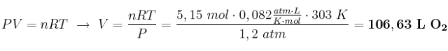 PV = nRT\ \to\ V = \frac{nRT}{P} = \frac{5,15\ mol\cdot 0,082\frac{atm\cdot L}{K\cdot mol}\cdot 303\ K}{1,2\ atm} = \bf 106,63\ L\ O_2