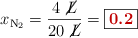 x_{\ce{N2}} = \frac{4\ \cancel{L}}{20\ \cancel{L}} = \fbox{\color[RGB]{192,0,0}{\bf 0.2}}