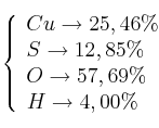 \left\{ 
\begin{array}{l}
  Cu \to 25,46\%  \\ 
  S \to 12,85\%  \\ 
  O \to 57,69\%  \\
  H \to 4,00\%
\end{array}  
\right