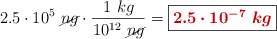 2.5\cdot 10^5\ \cancel{ng}\cdot \frac{1\ kg}{10^{12}\ \cancel{ng}} = \fbox{\color[RGB]{192,0,0}{\bm{2.5\cdot 10^{-7}\ kg}}}