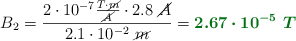 B_2 = \frac{2\cdot 10^{-7}\frac{T\cdot \cancel{m}}{\cancel{A}}\cdot 2.8\ \cancel{A}}{2.1\cdot 10^{-2}\ \cancel{m}} = \color[RGB]{2,112,20}{\bm{2.67\cdot 10^{-5}\ T}}